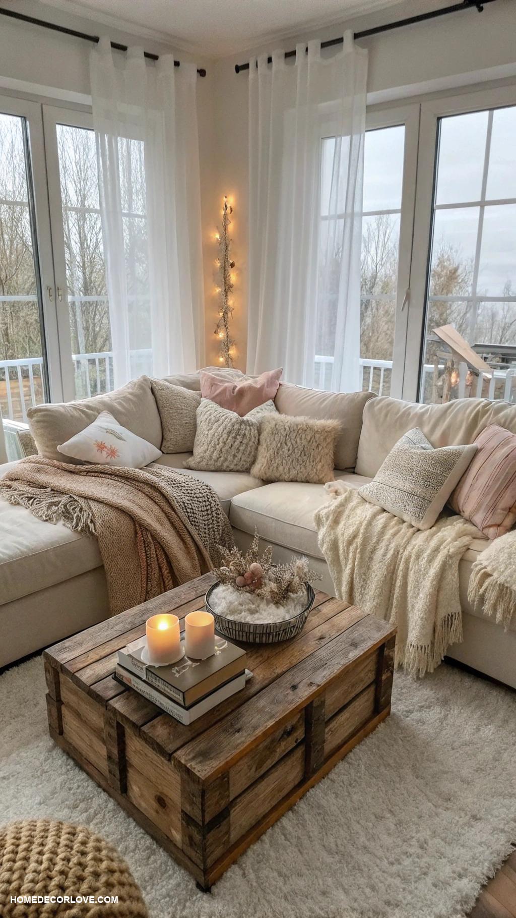 apartment living room Style with cozy throw blankets and pillows