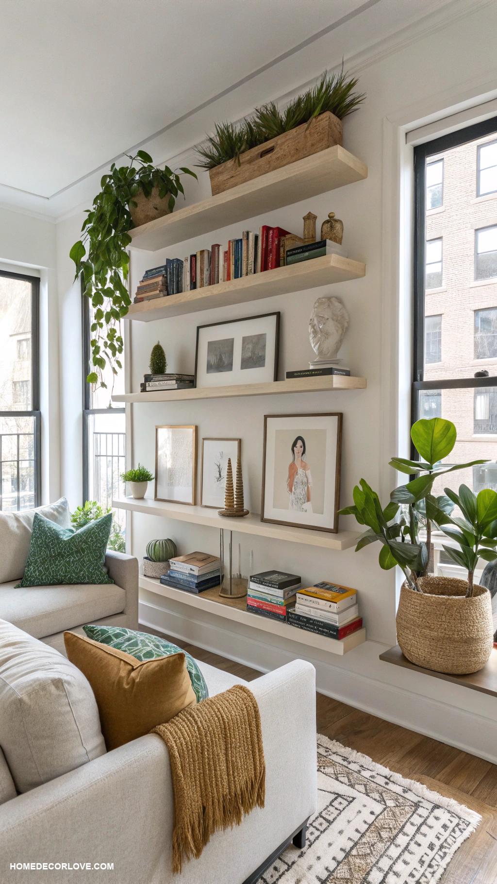 apartment living room Utilize floating shelves for extra storage