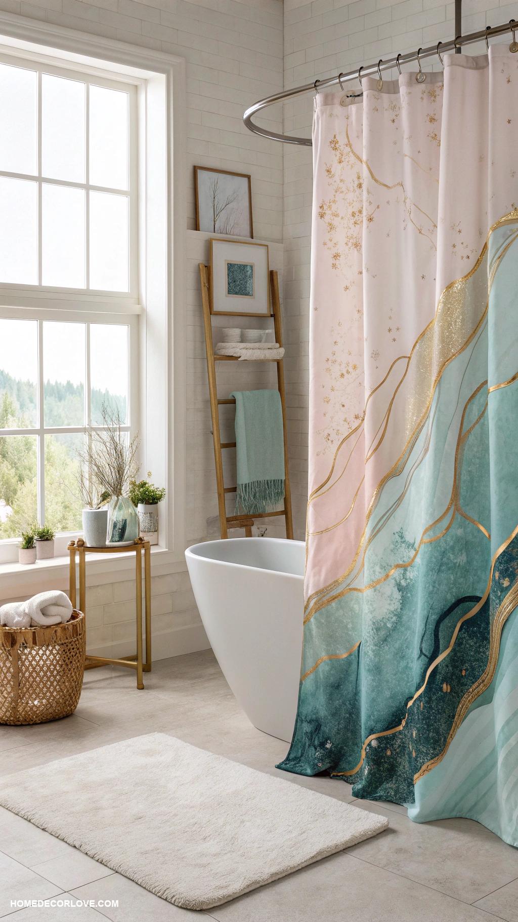 bathroom decor ideas Add a decorative shower curtain