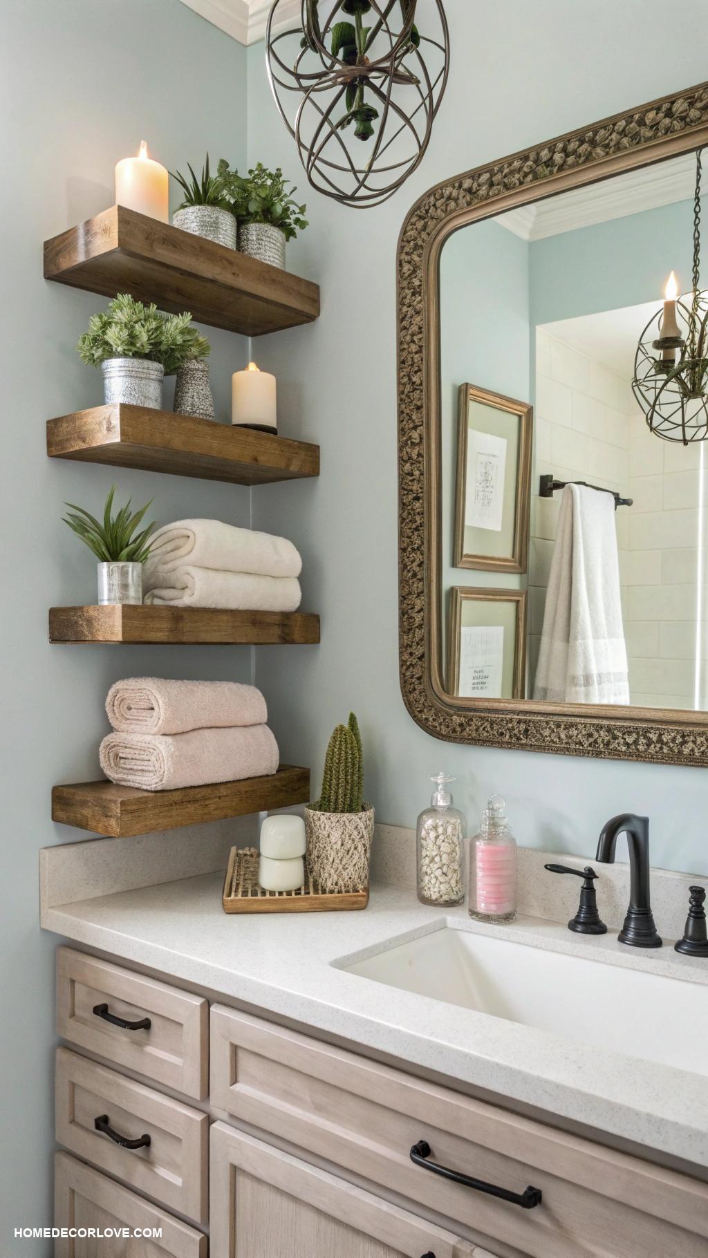 bathroom decor ideas Incorporate floating shelves for storage