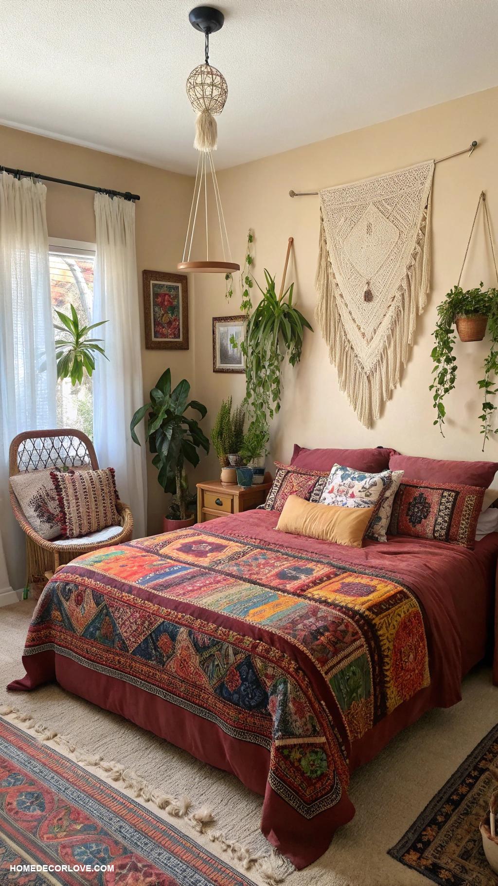 bedroom interior Bohemian styled with colorful textiles and plants