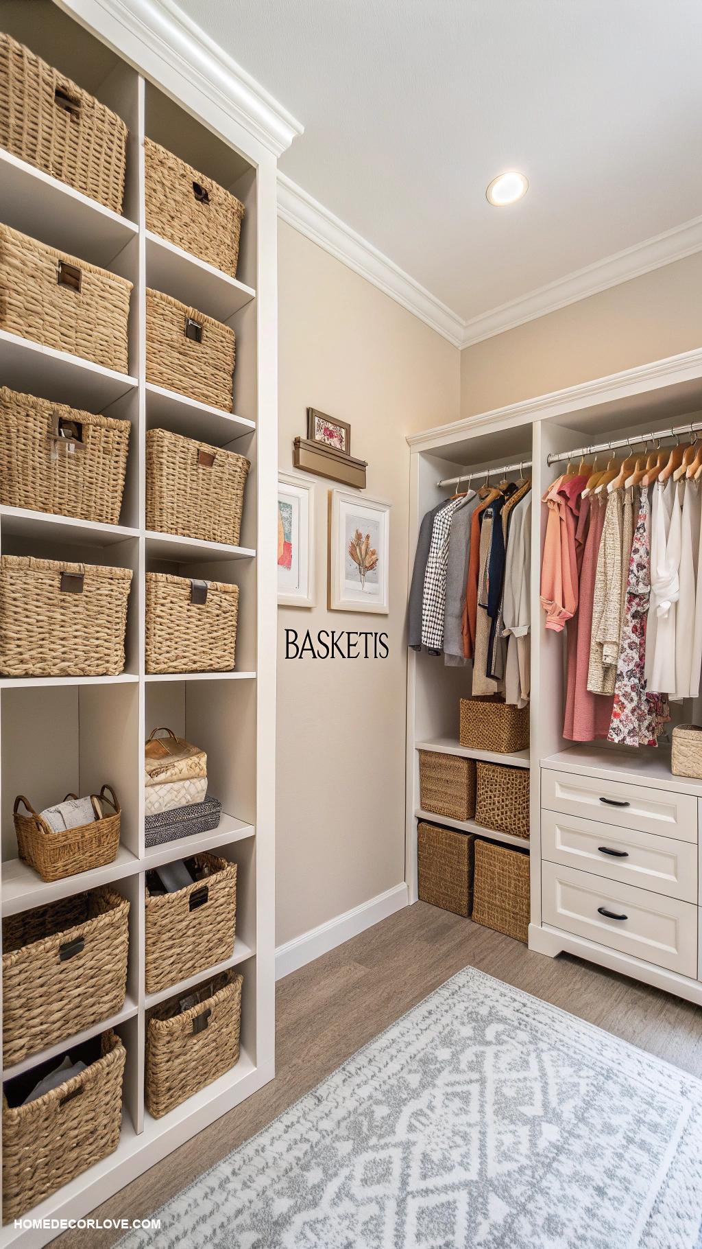 closet design ideas Use baskets for organized storage solutions