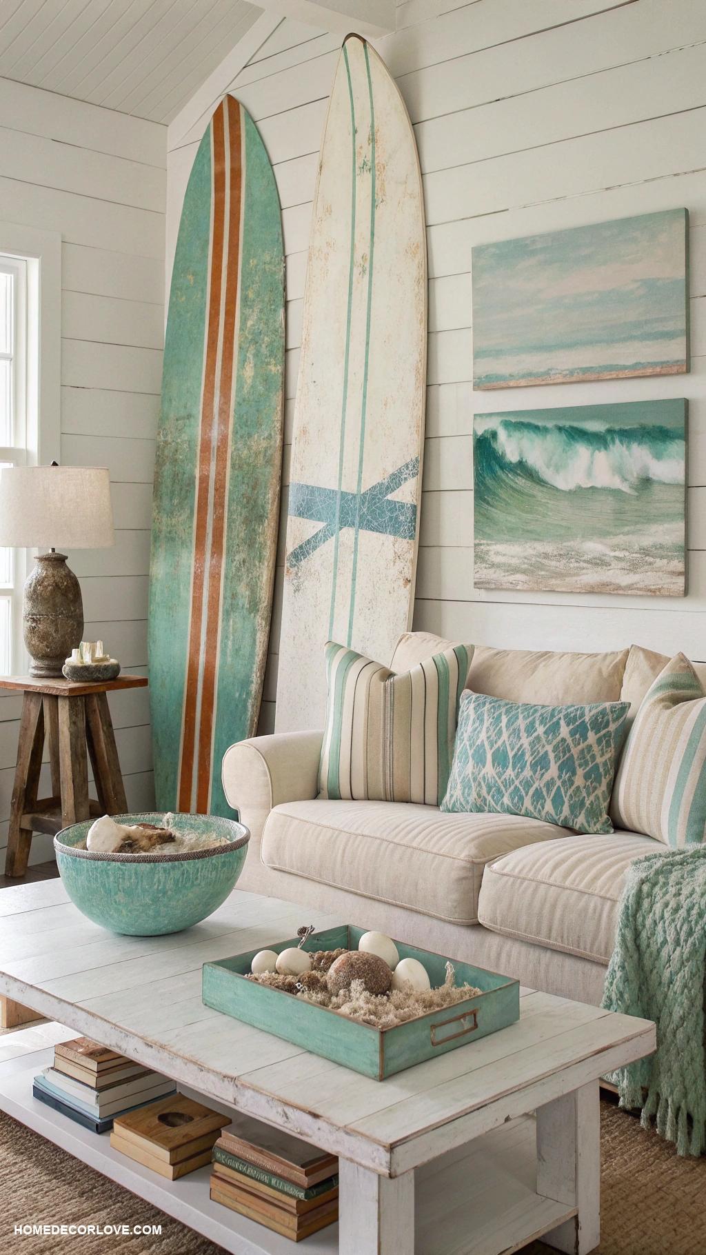 coastal home decor ideas Vintage surfboards as decor