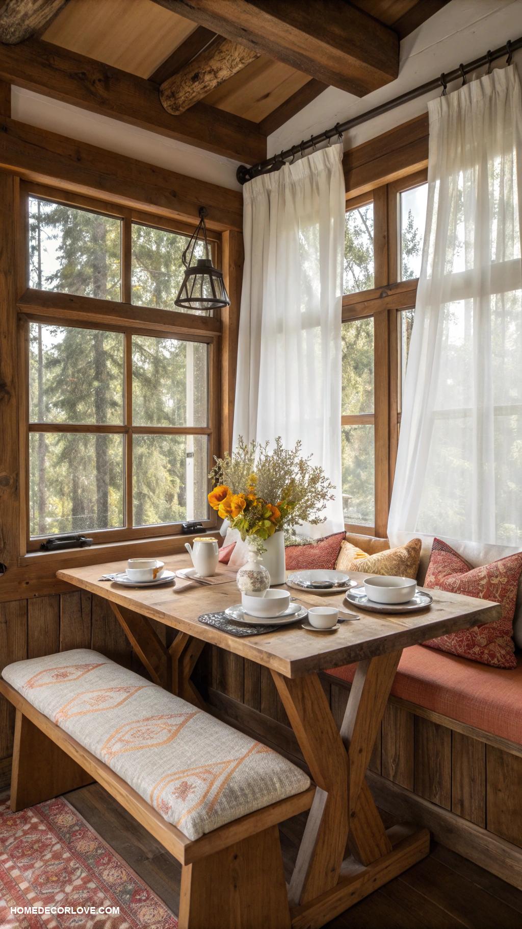 cozy breakfast nook ideas Wooden table with cushioned benches