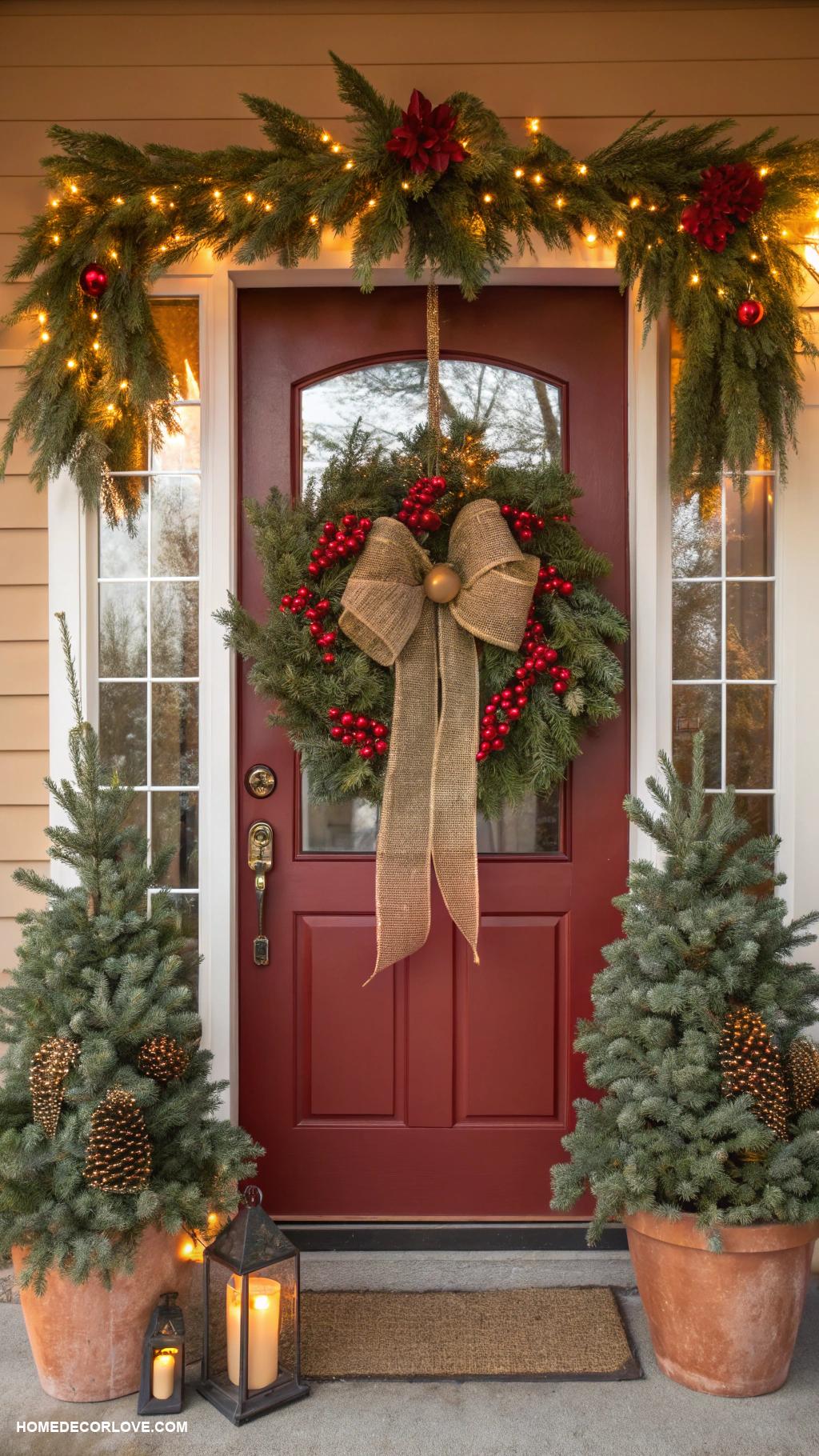 cozy christmas home decor ideas Handmade wreath on the front door