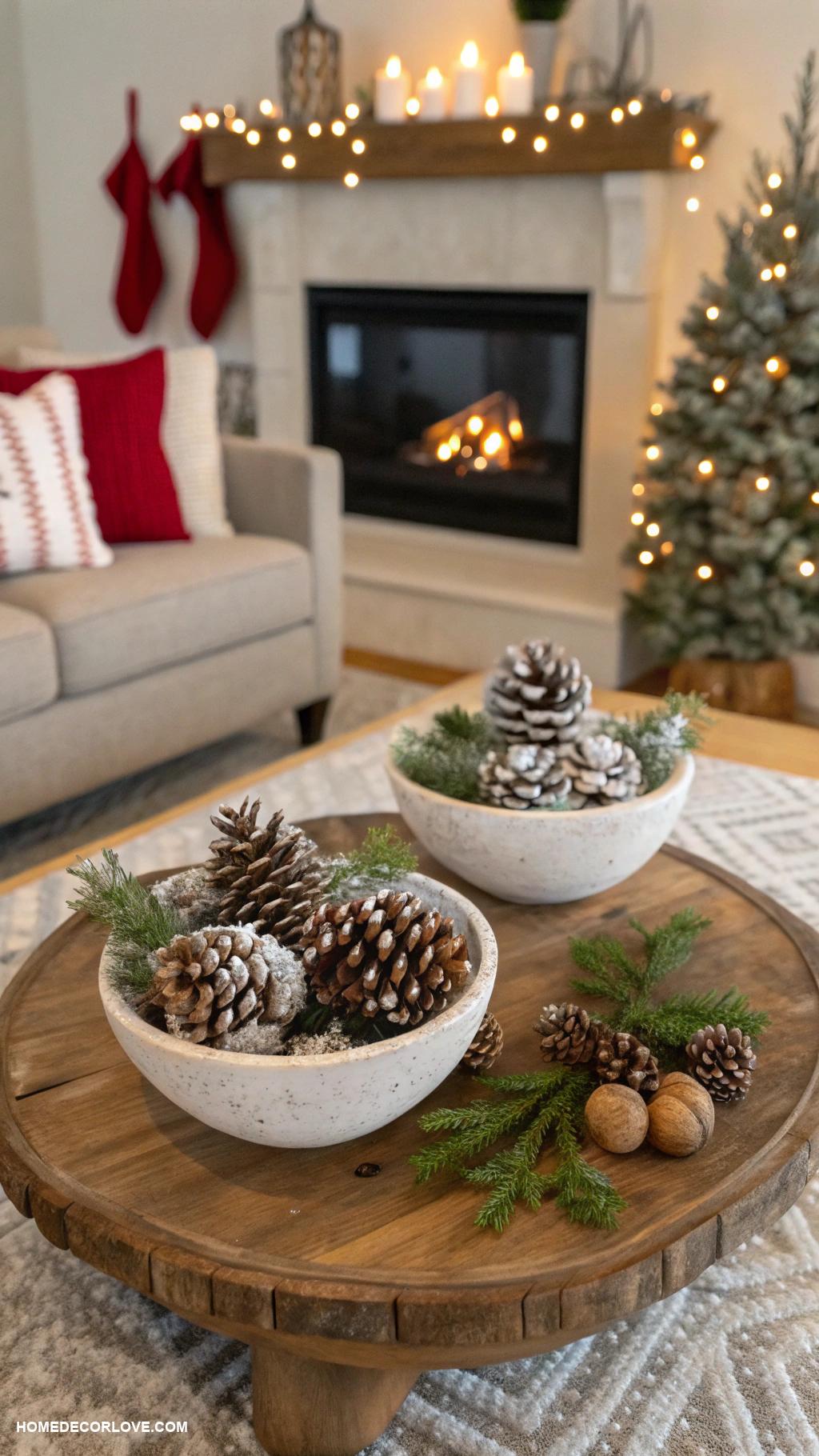 cozy christmas home decor ideas Pine cones in decorative bowls