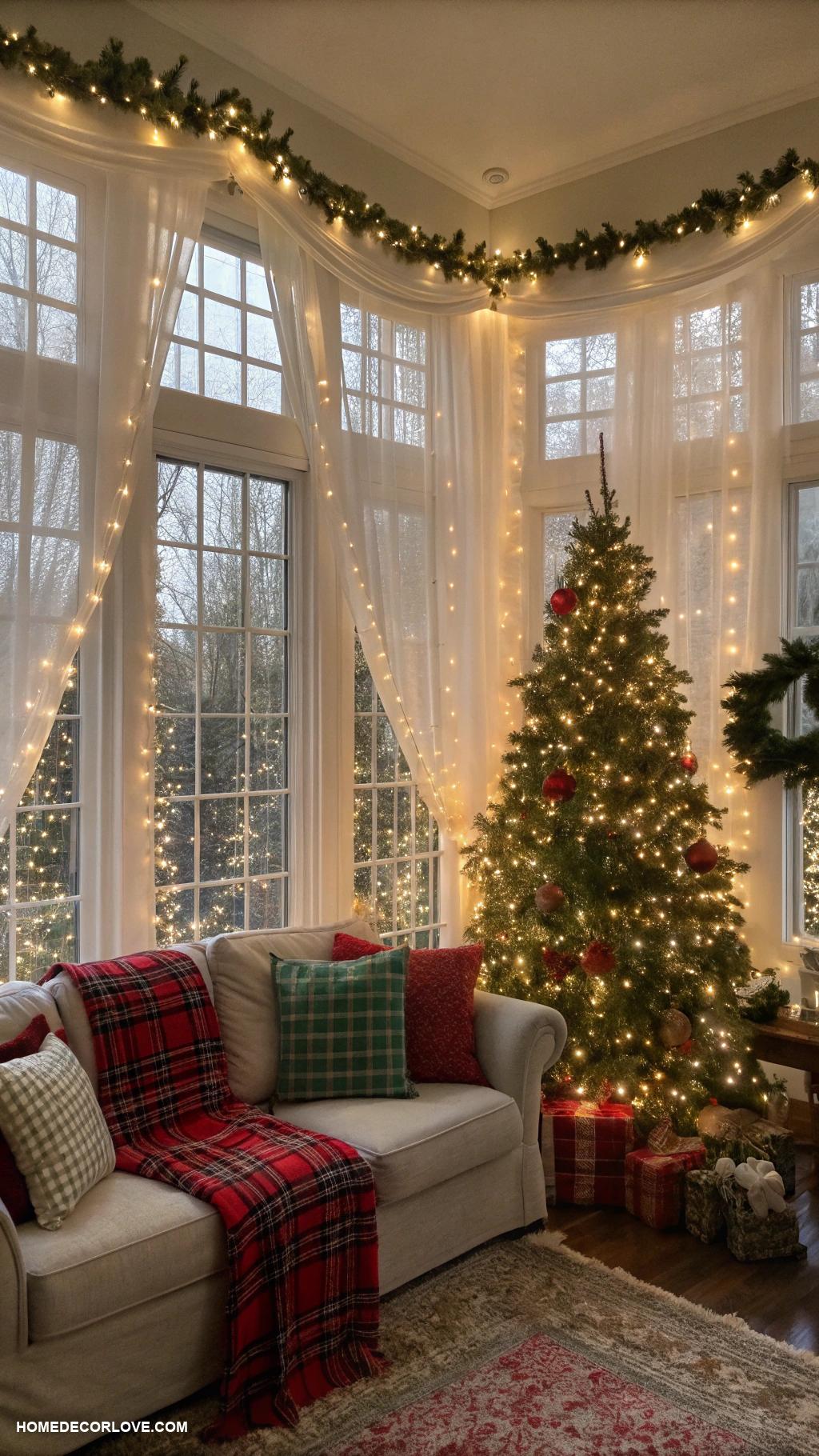cozy christmas home decor ideas String lights around the windows