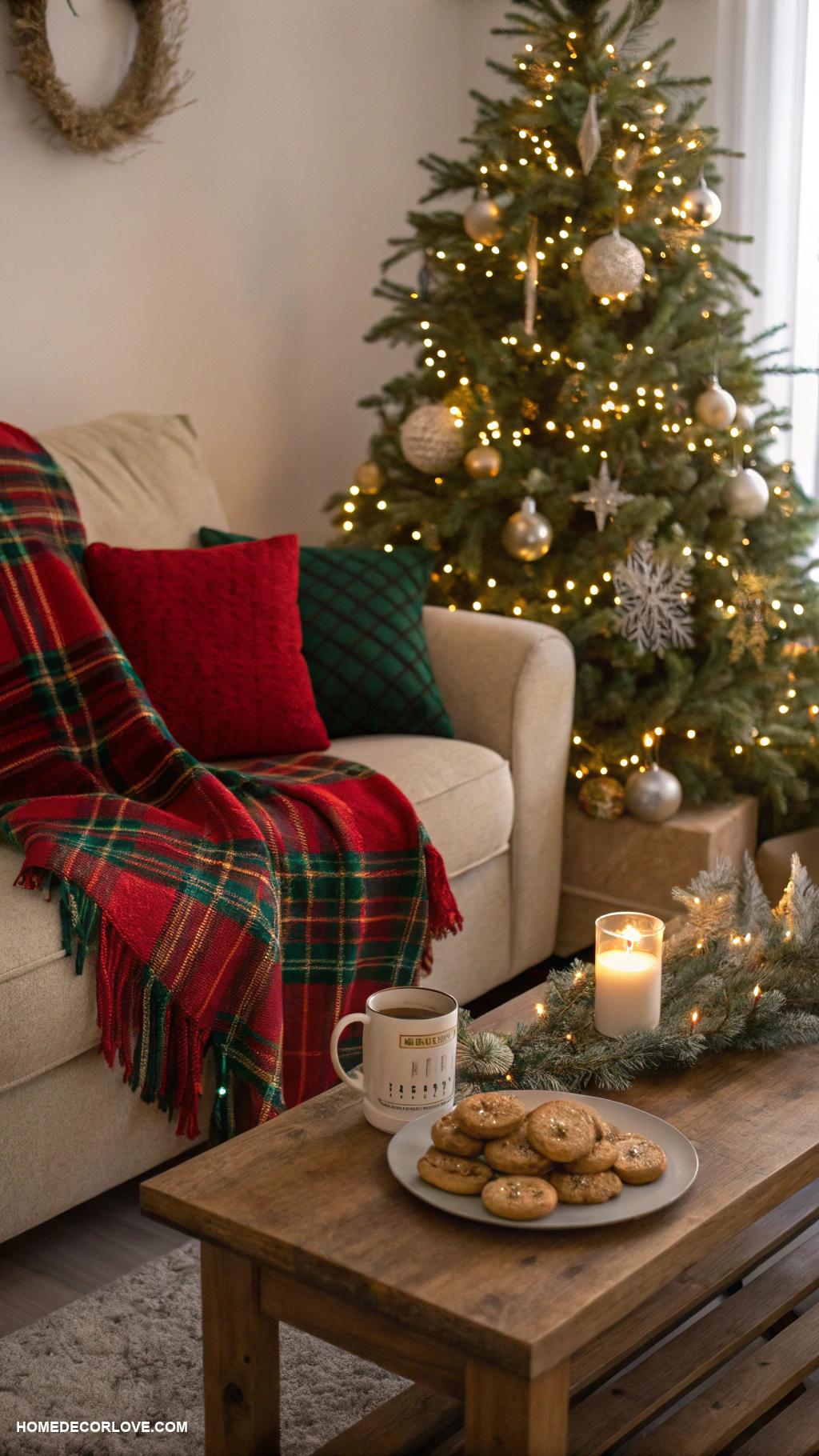 cozy christmas home decor ideas Warm plaid blankets on the sofa