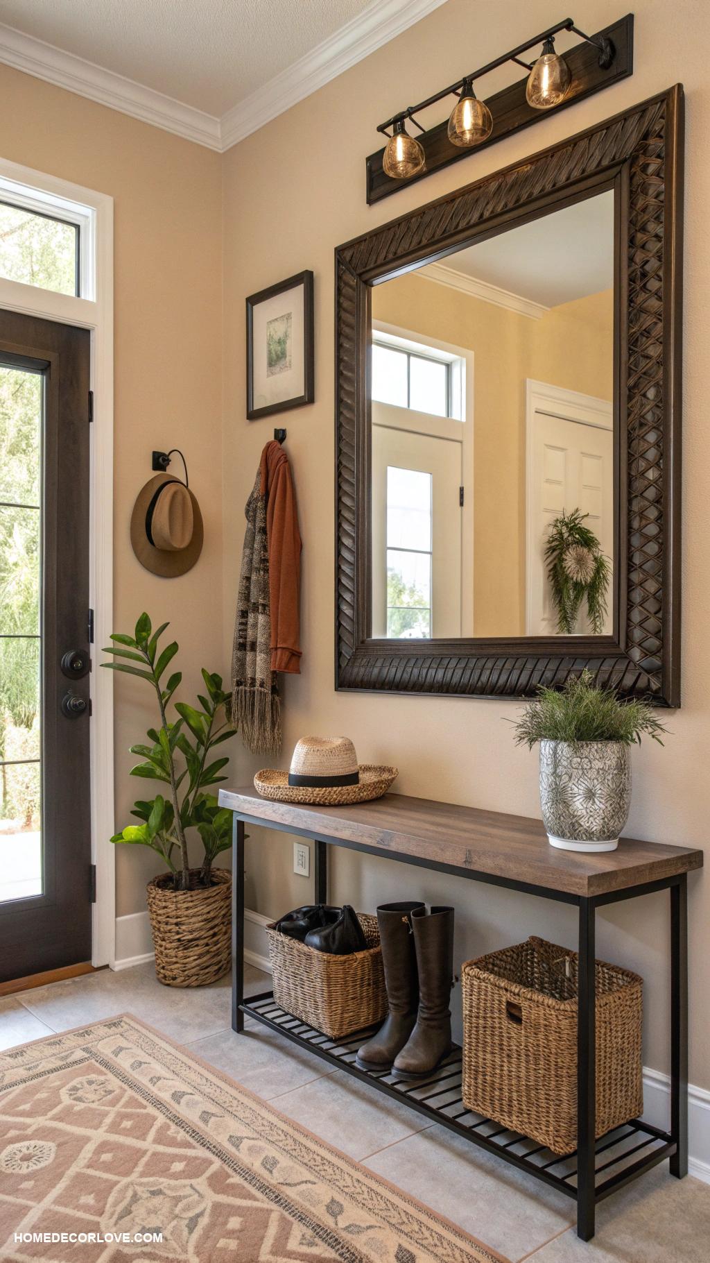 cozy entryway ideas Install a framed mirror for depth