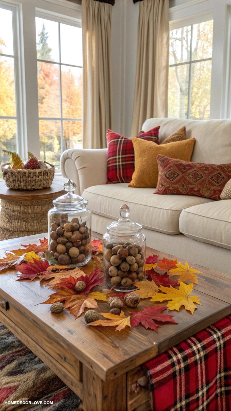 cozy fall home decor ideas Glass jars filled with acorns