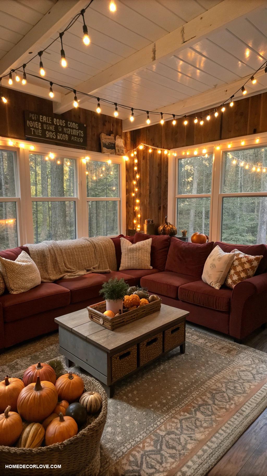 cozy fall home decor ideas Hanging string lights for ambiance