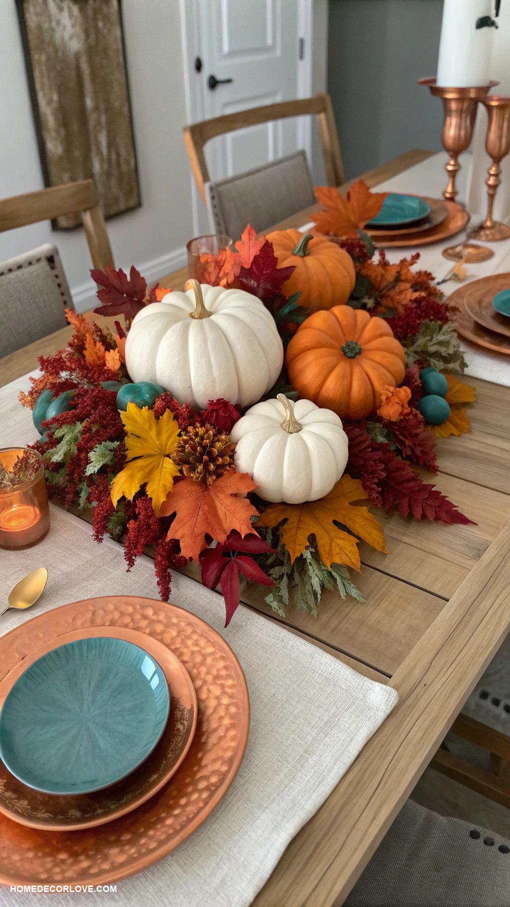 cozy fall home decor ideas Pumpkin centerpieces on dining tables