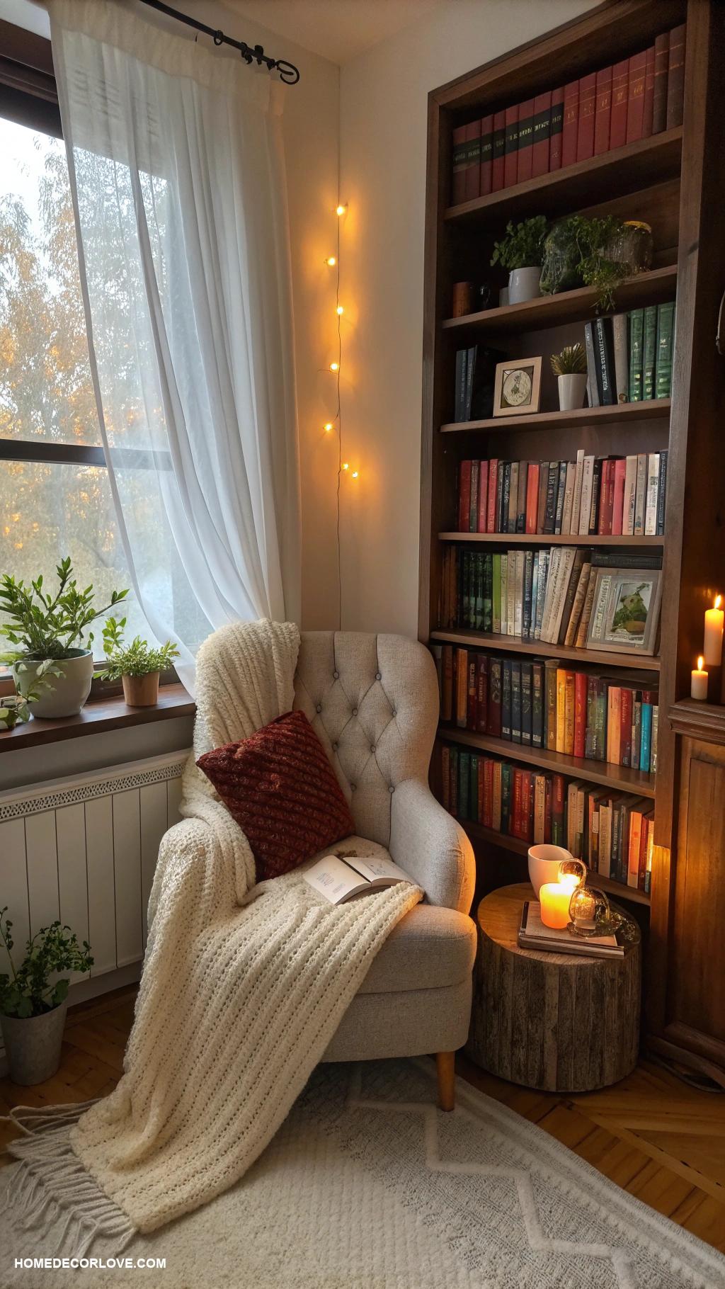cozy nooks at home Bookshelf retreat with soft lighting