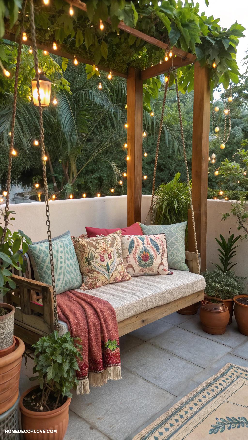 cozy nooks at home Patio swing with decorative pillows