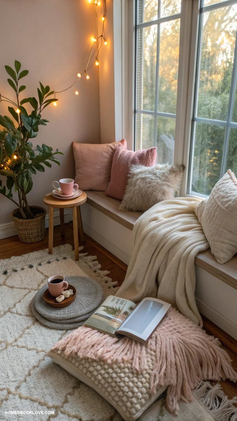 cozy nooks at home Pillowy floor space with a throw