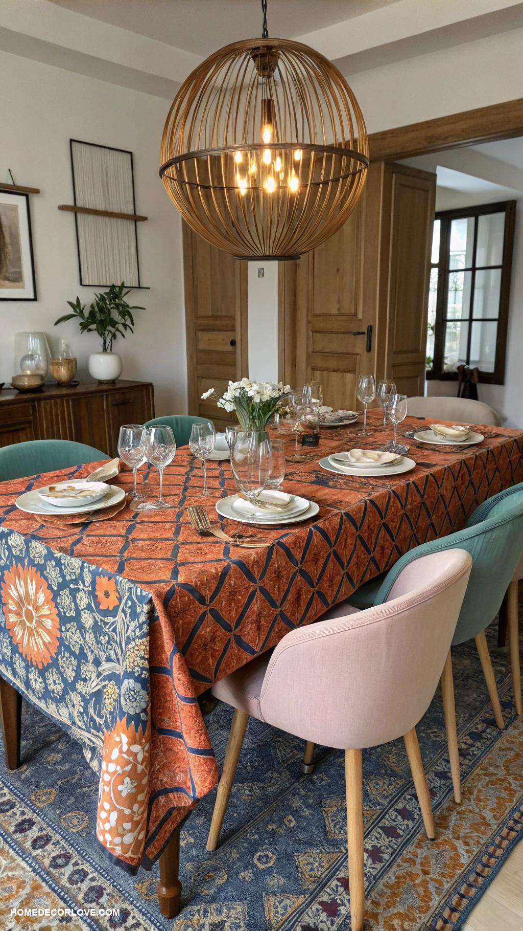dining room decor Use patterned tablecloths for visual interest