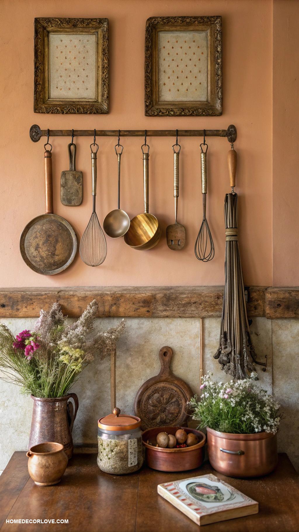 earthy kitchen Hang vintage kitchen utensils as wall art