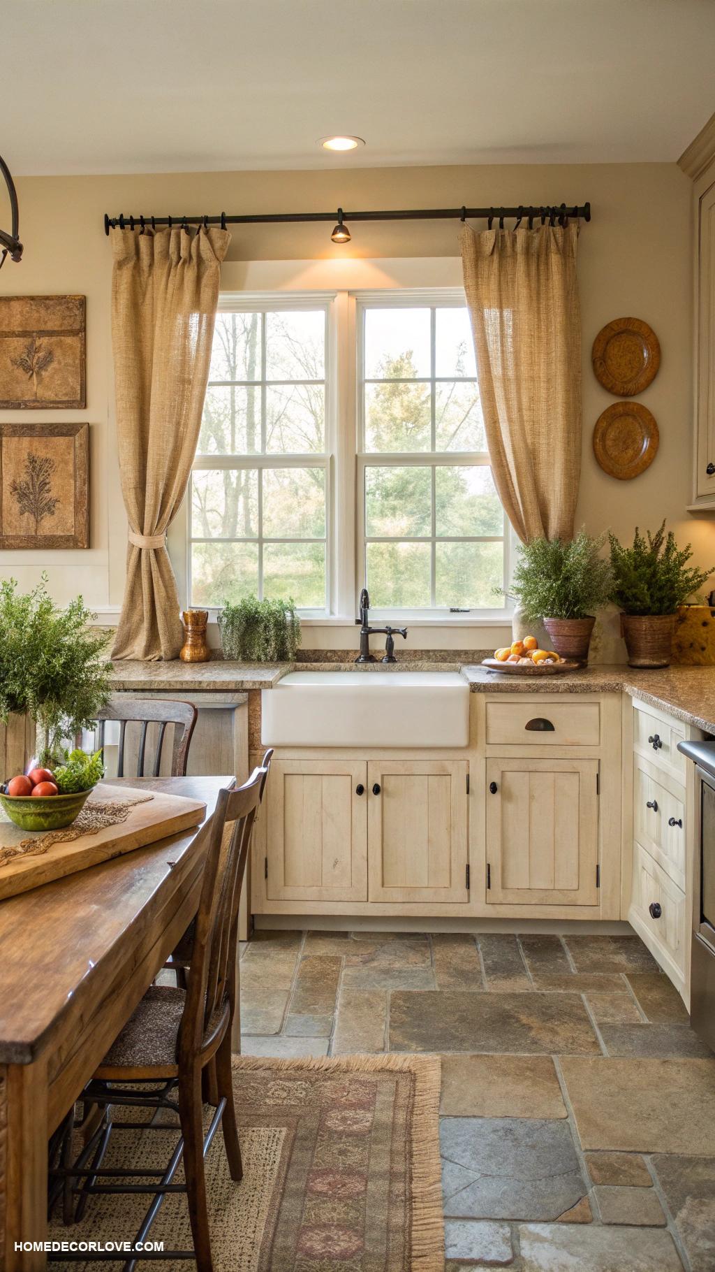 earthy kitchen Install burlap curtains for a cozy texture