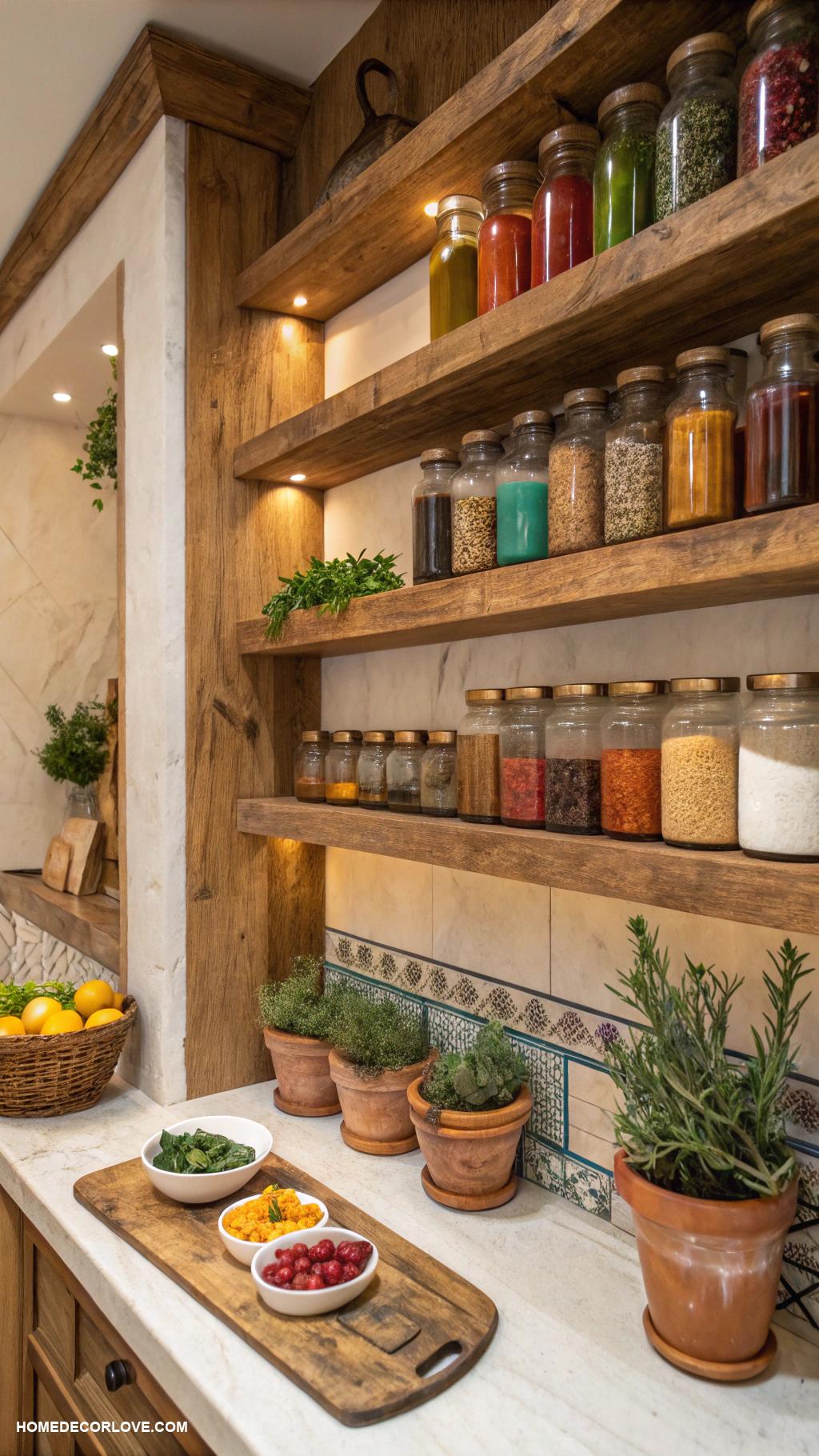 earthy kitchen Use natural wood shelves for displaying spices