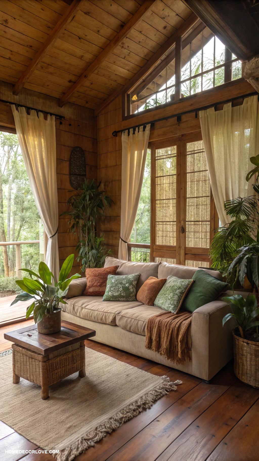 earthy living room Bamboo curtains for natural light filtering
