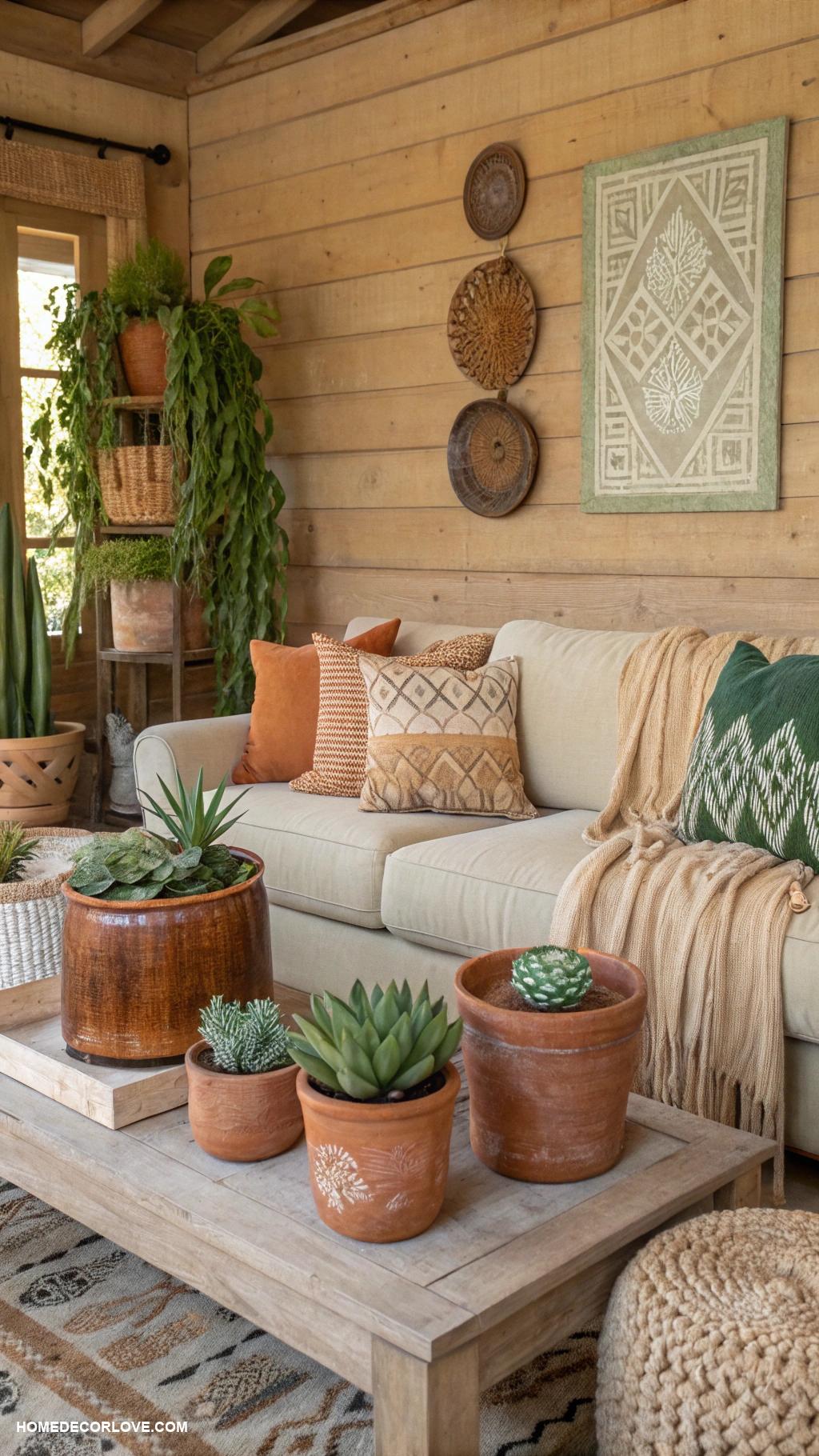 earthy living room Clay pots for a rustic touch
