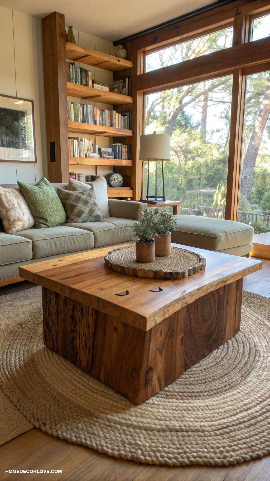 earthy living room Natural wood furniture for warm ambiance