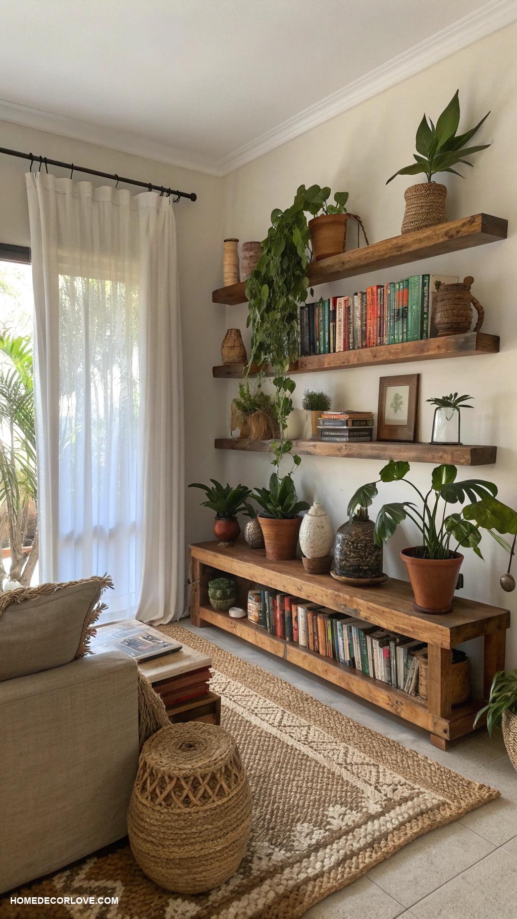 earthy living room Recycled wood shelves for eco friendly styling