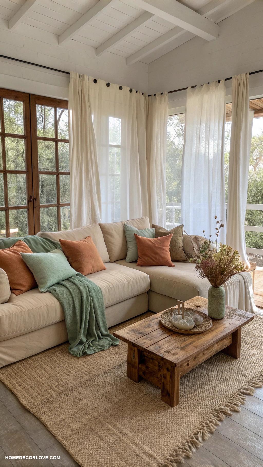 earthy living room Soft linen textiles for relaxed vibes