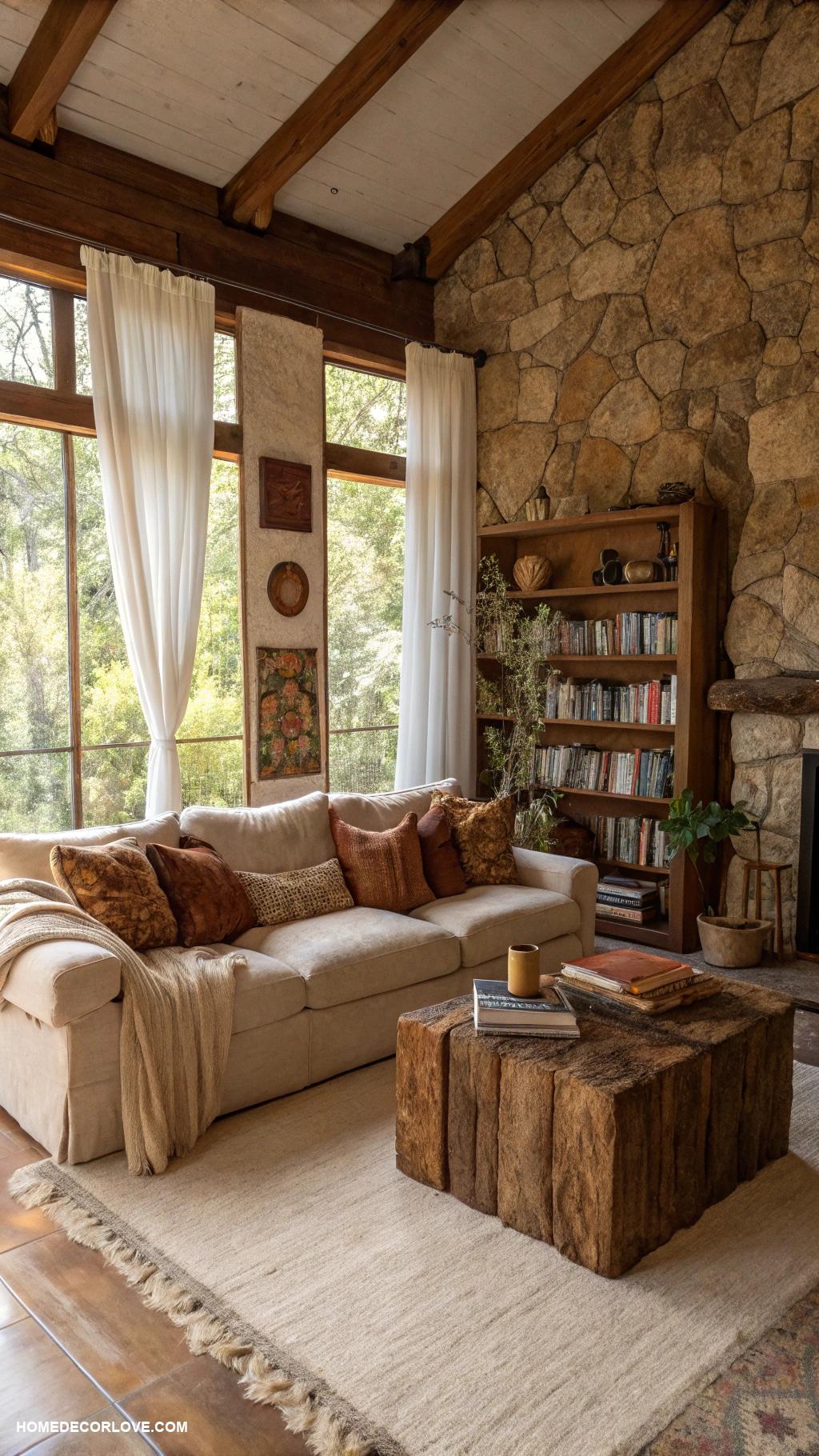 earthy living room Stone decor for a grounded feel
