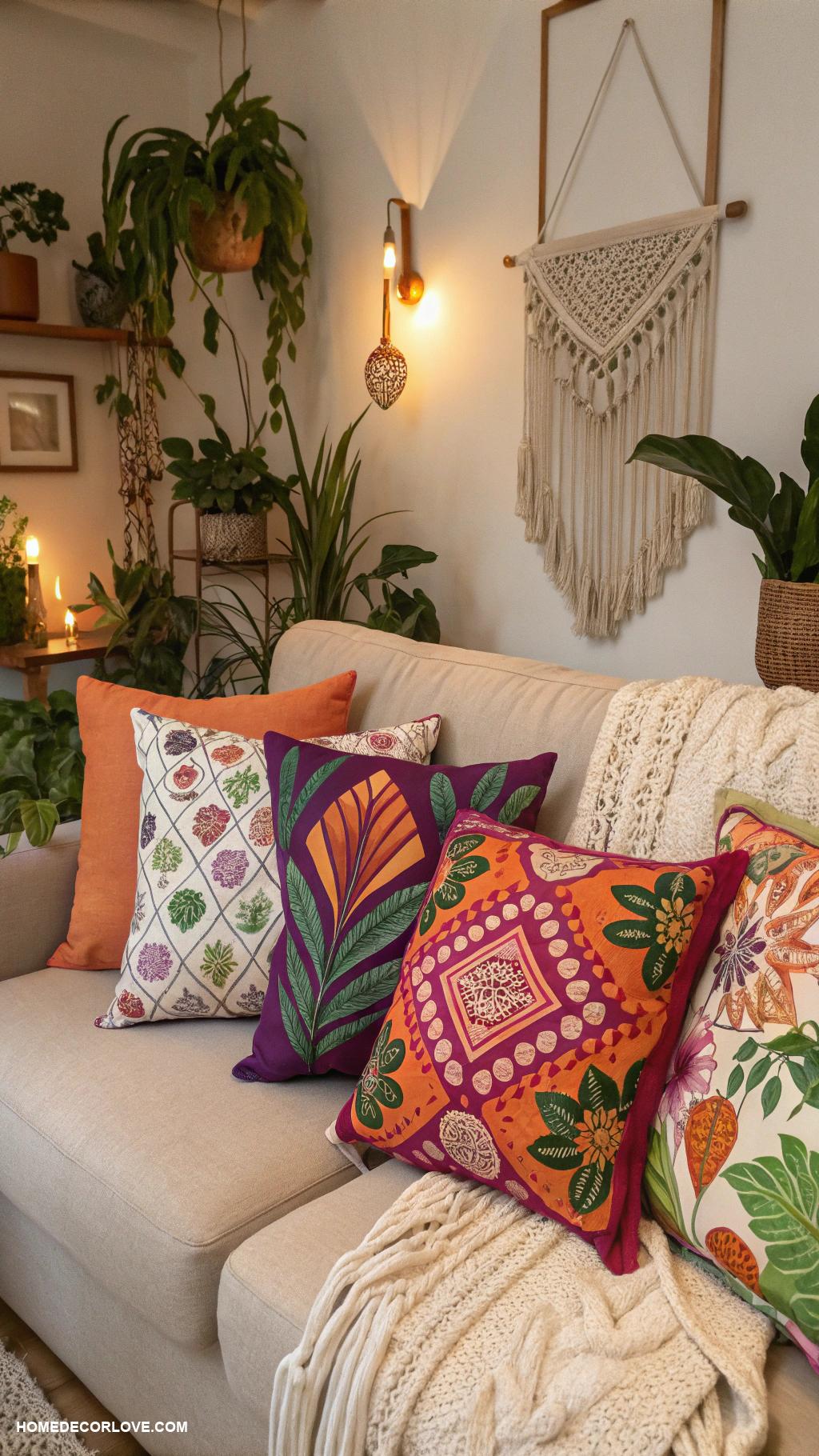 easy boho decor ideas Colorful throw pillows with varied patterns