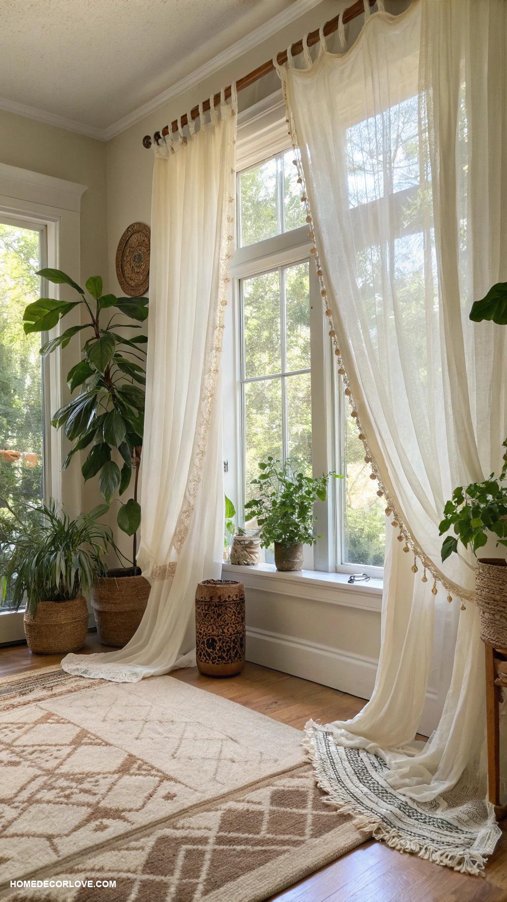 easy boho decor ideas Light curtains for airy ambiance