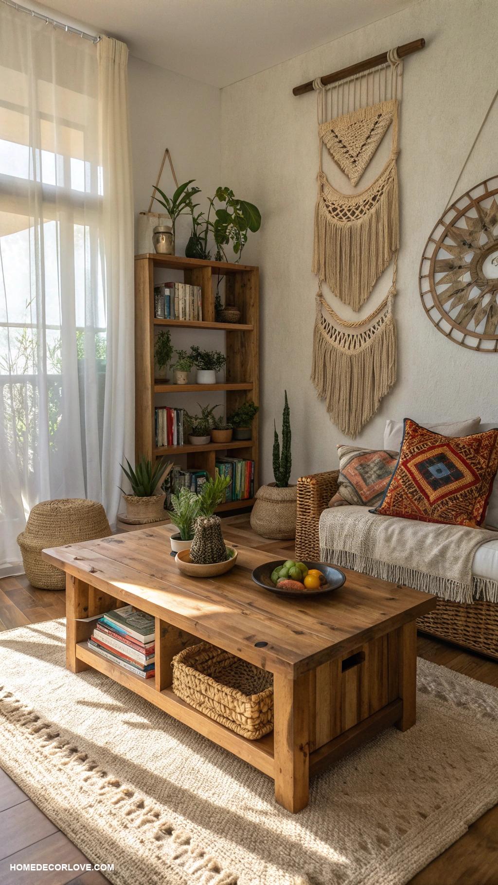 easy boho decor ideas Natural wood furniture for warmth