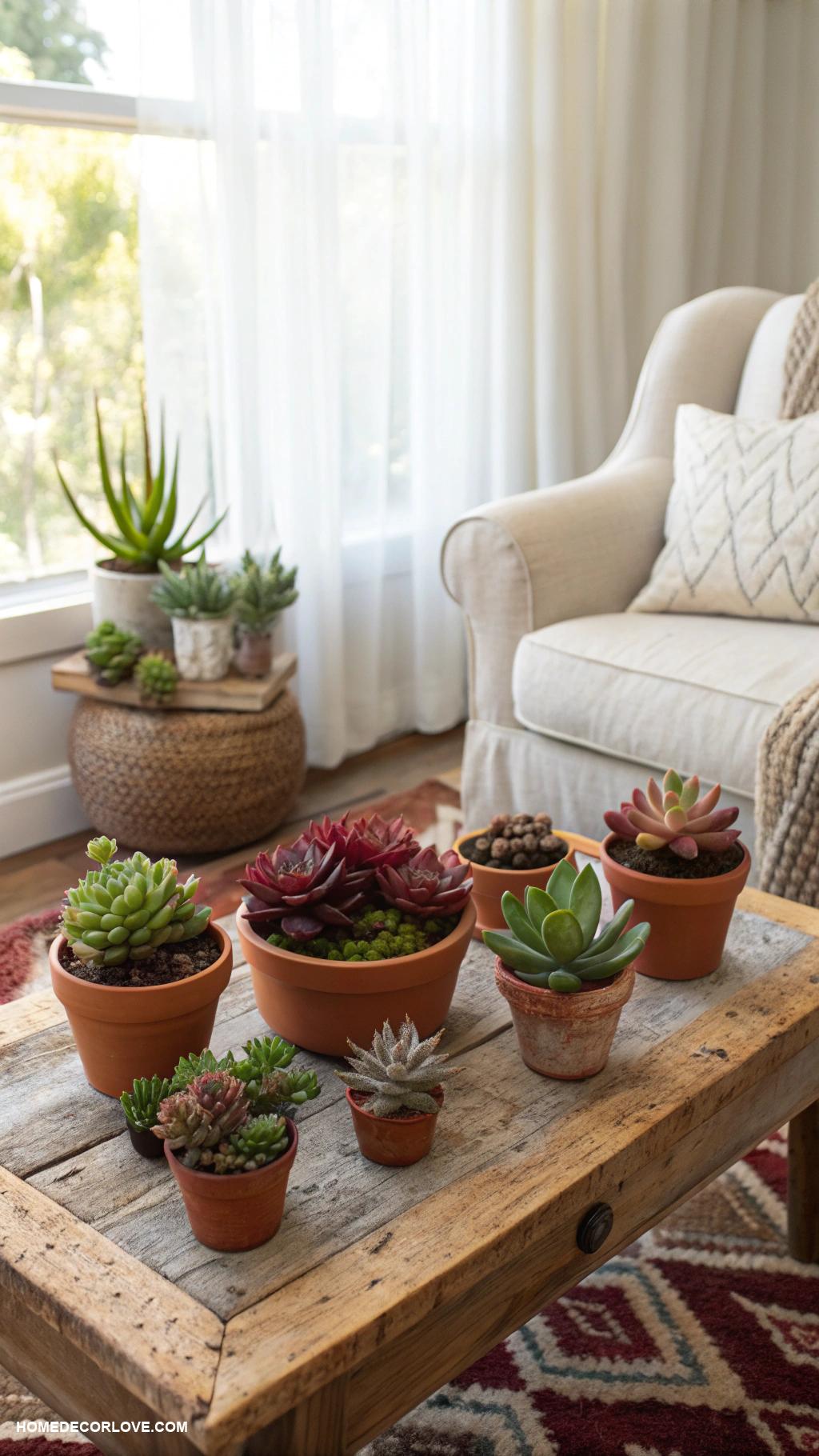 easy boho decor ideas Succulent plants in terracotta pots