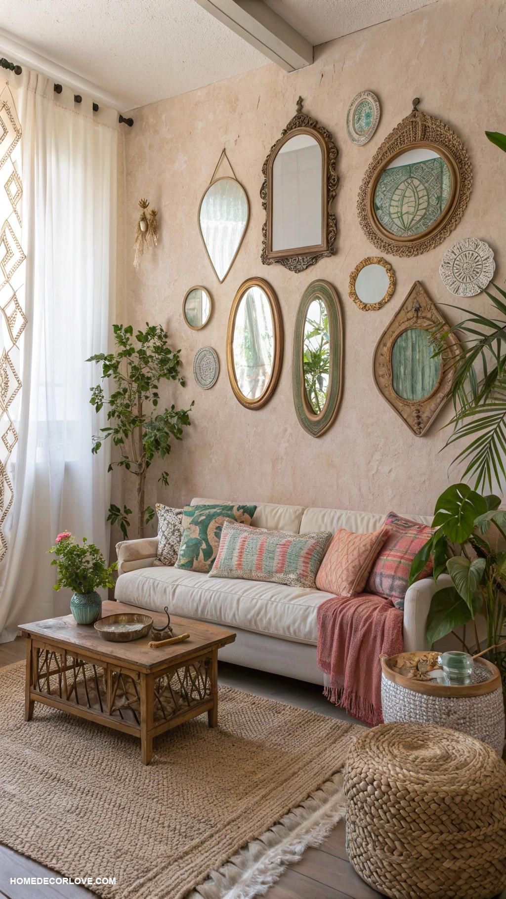 easy boho decor ideas Vintage mirrors for light and depth