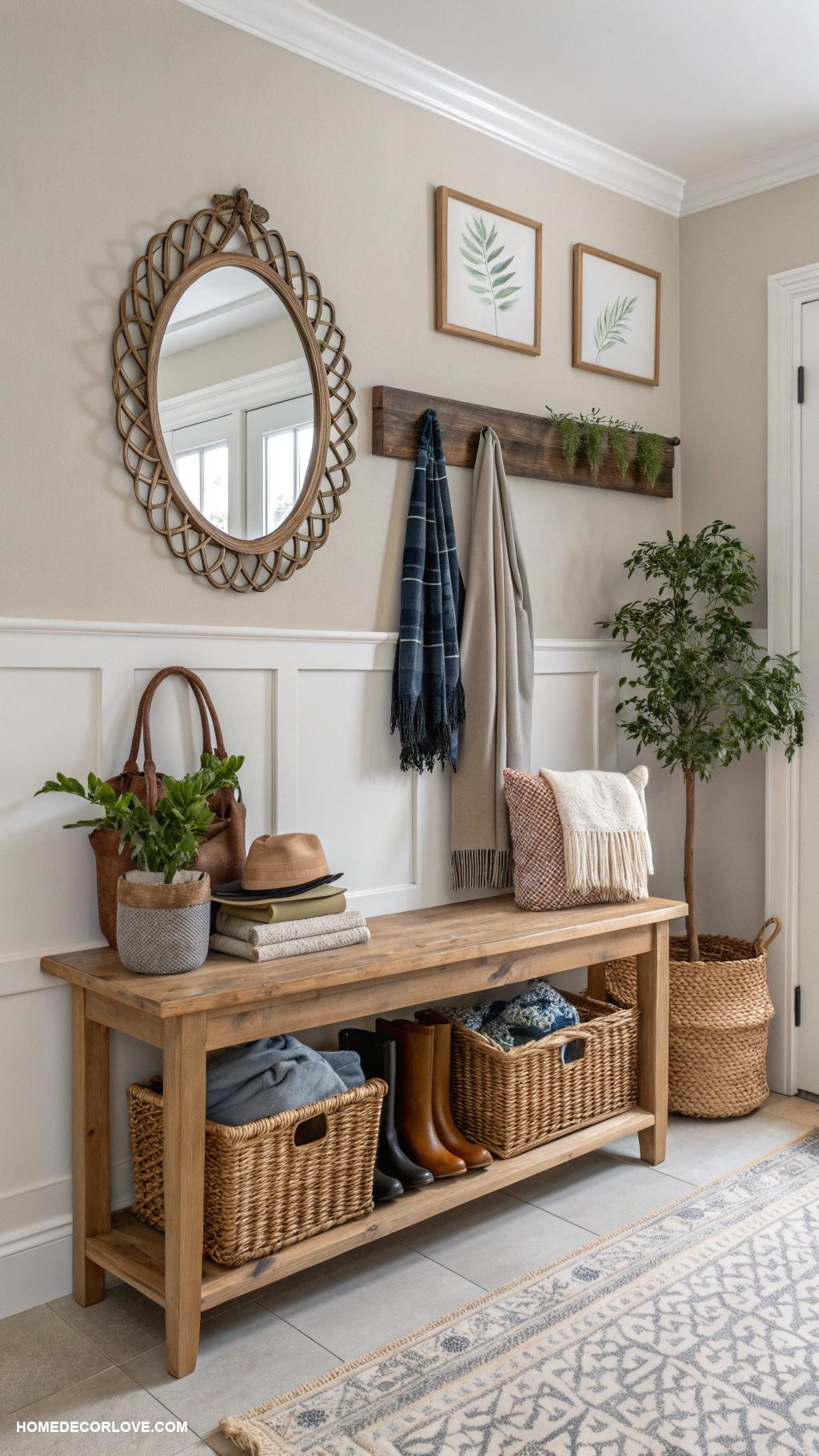 entryway decor ideas Utilize storage baskets for organization