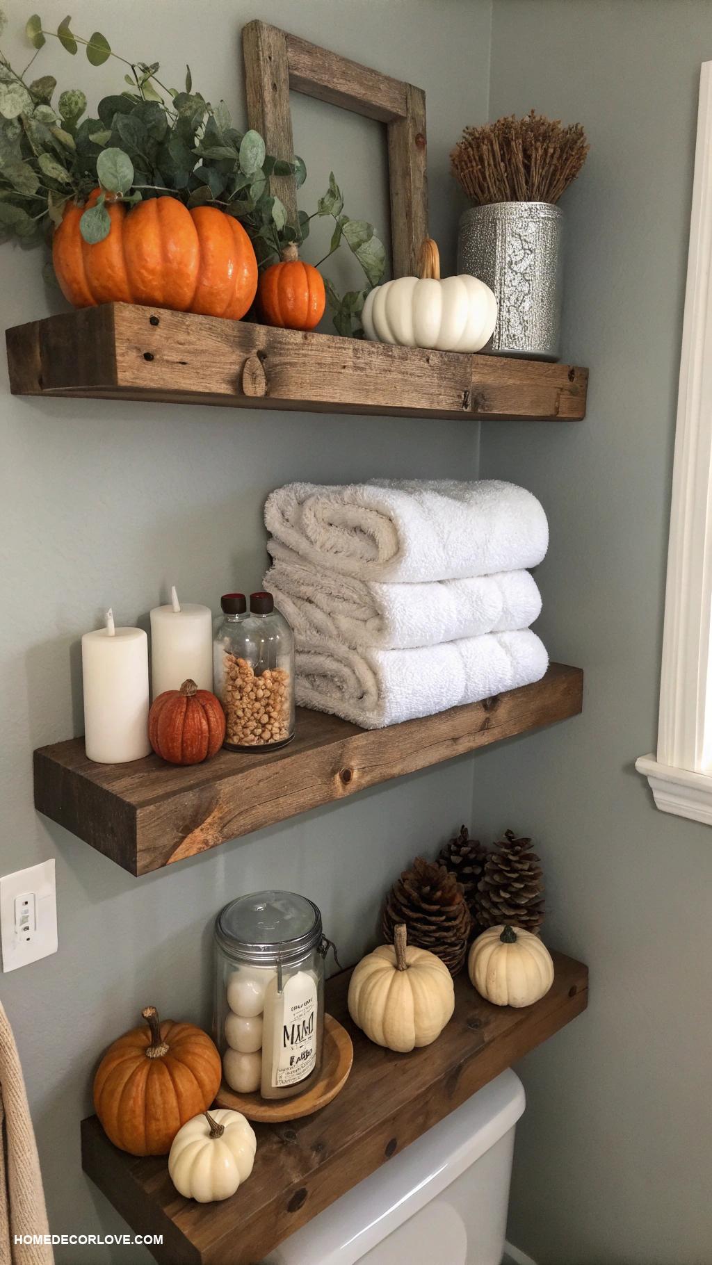fall bathroom decor Rustic wooden shelves for display