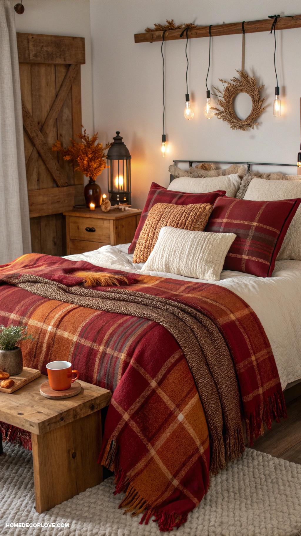 fall bedroom decor Cozy plaid blankets on the bed