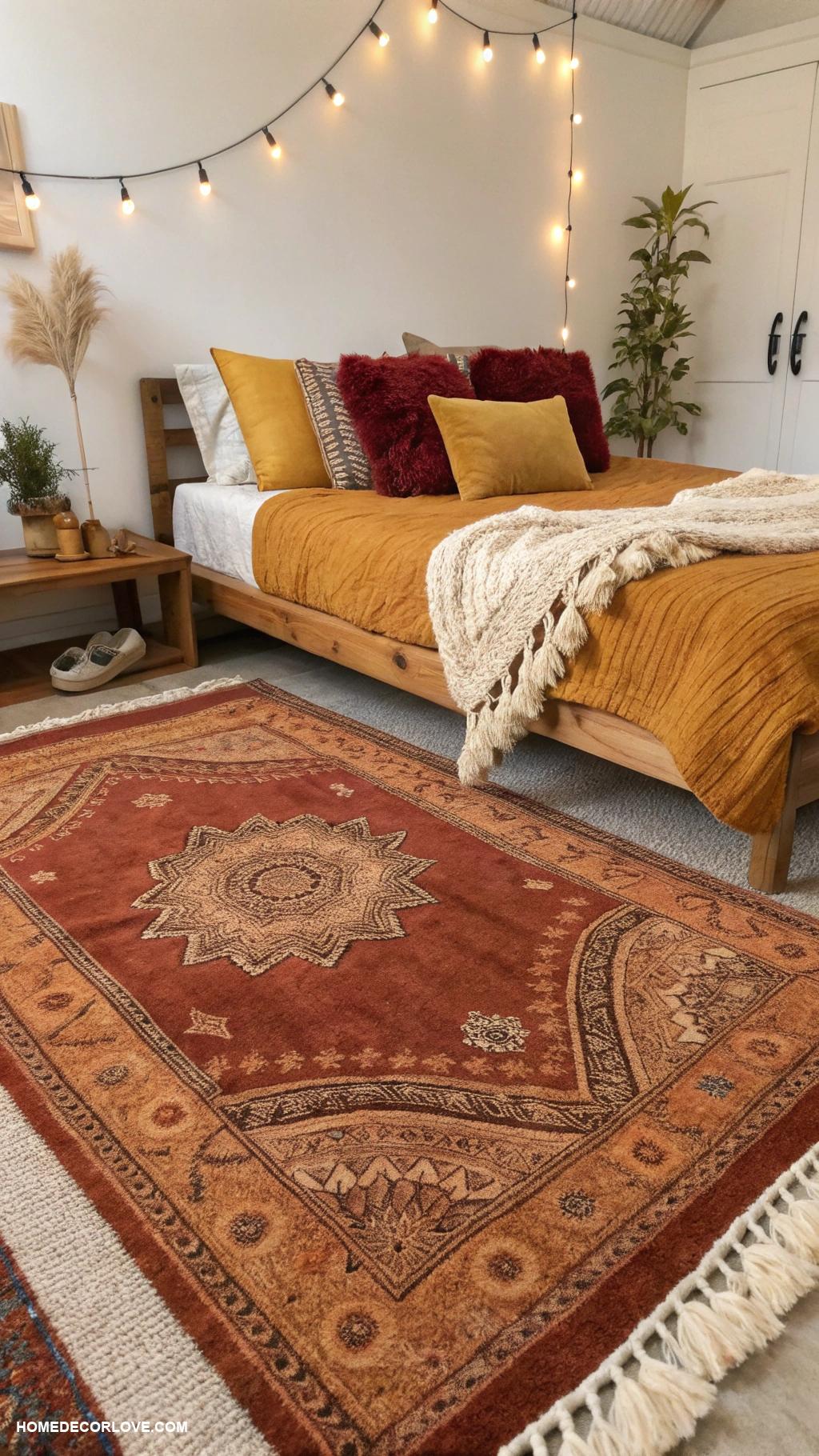 fall bedroom decor Layered area rugs
