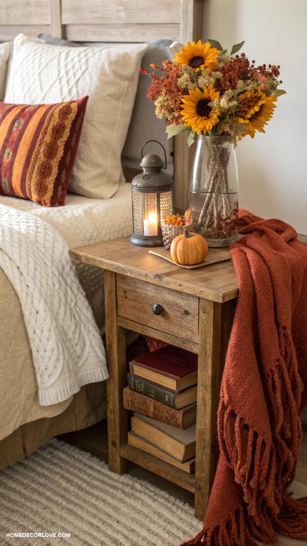 fall bedroom decor Rustic wooden bedside table