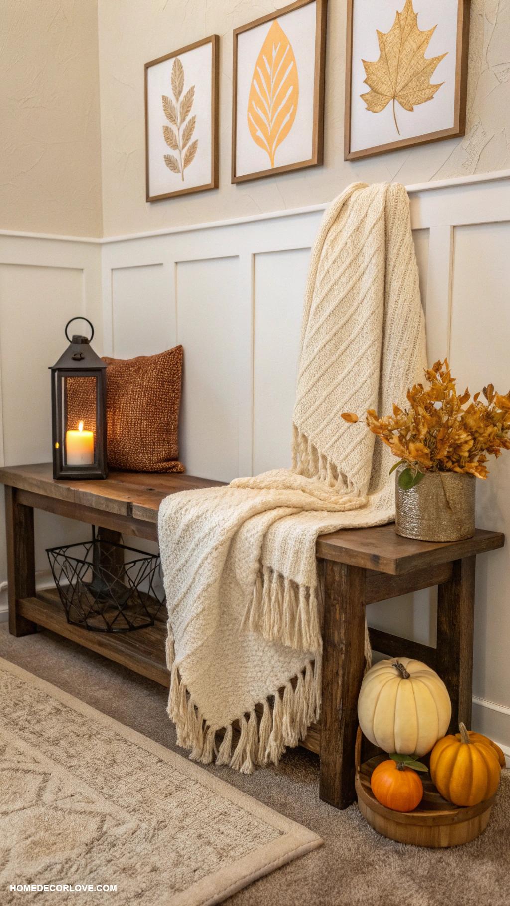 fall entryway decor Cozy knitted throw on bench