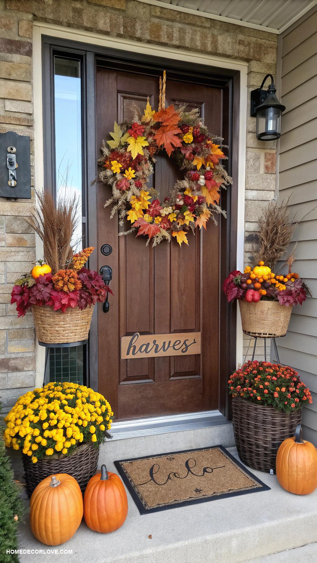 fall entryway decor Harvest themed wreath on front door