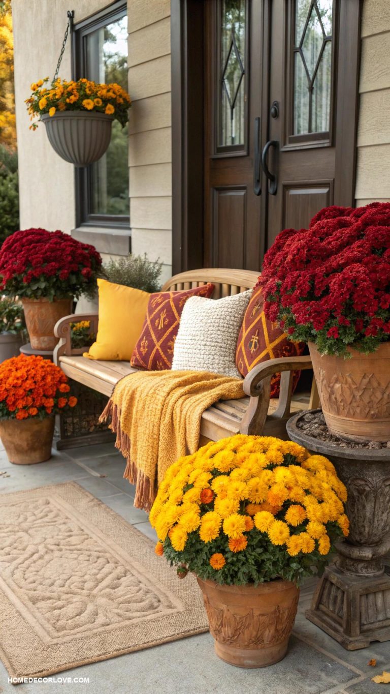 fall entryway decor Potted mums in vibrant hues