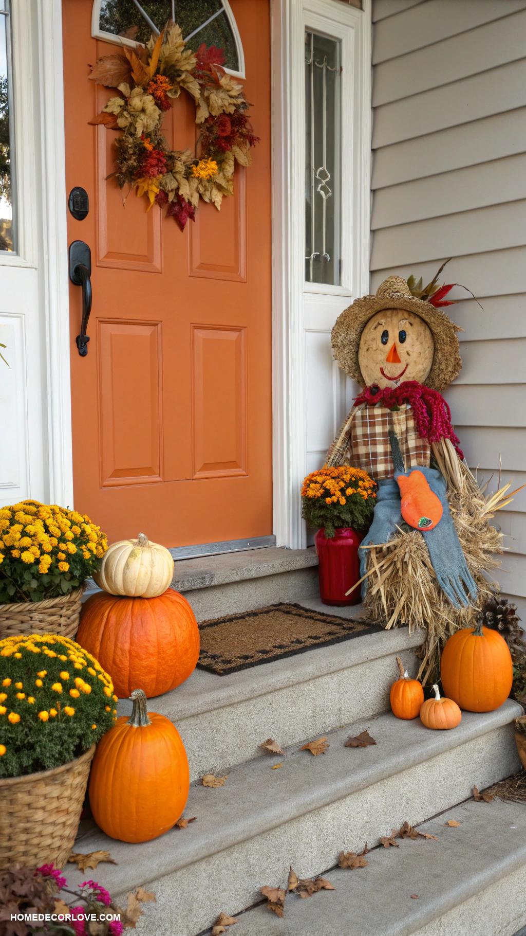 fall entryway decor Seasonal scarecrow by front steps