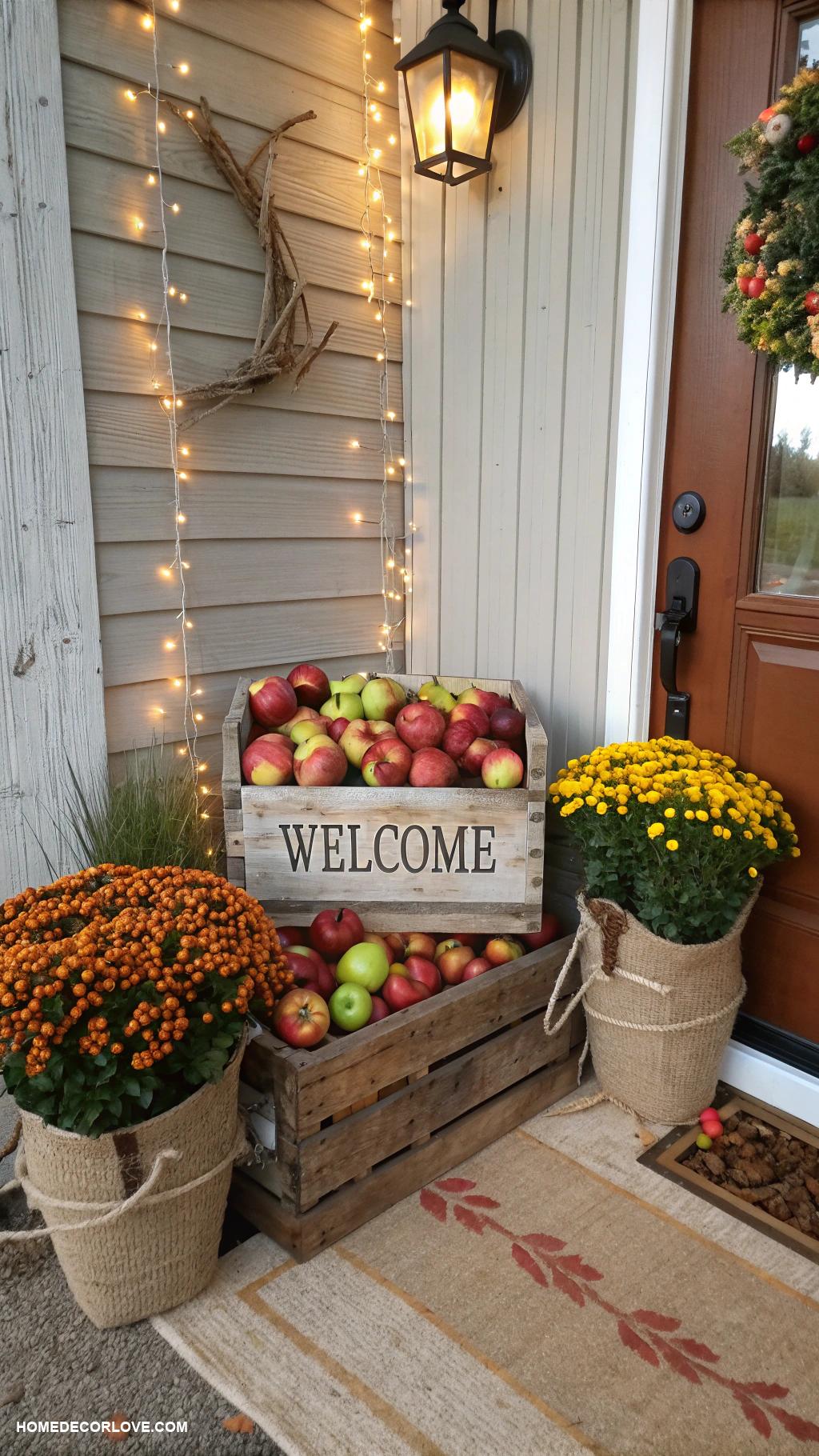 fall entryway decor Vintage crate filled with apples