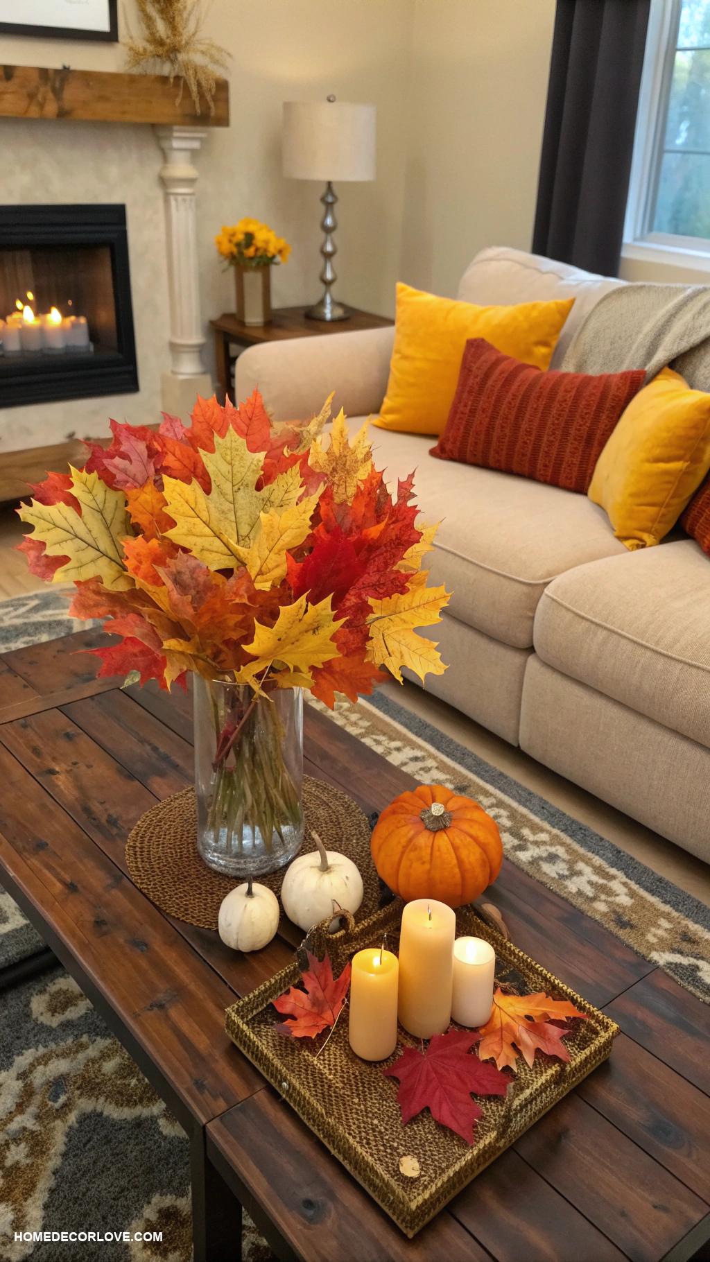 fall living room decor Colorful autumn leaves arrangements