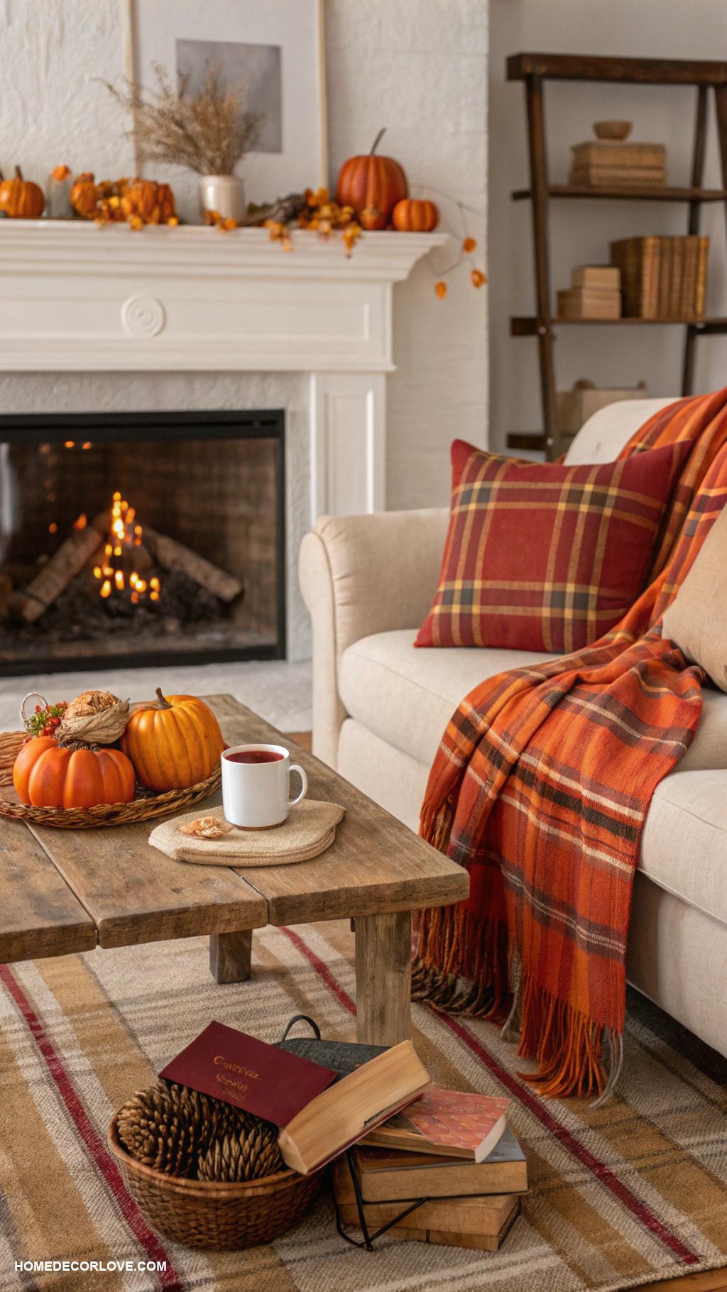 fall living room decor Cozy plaid throw blankets