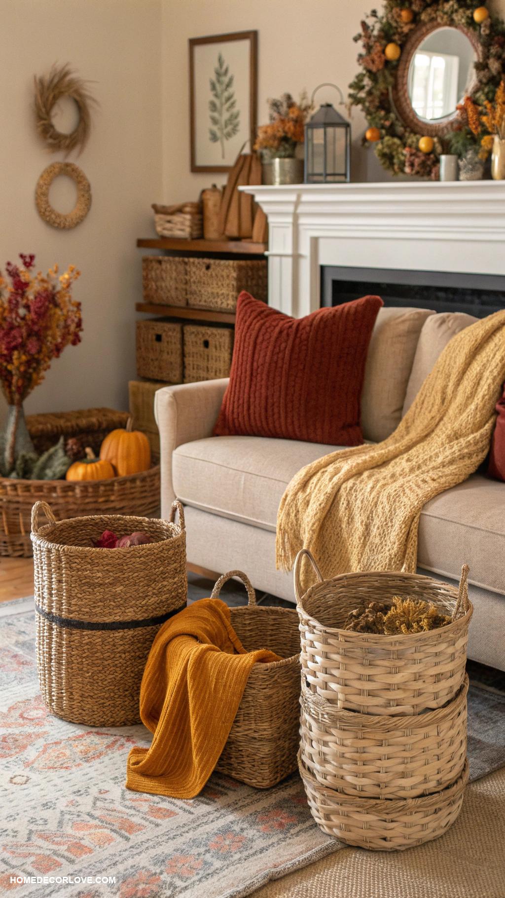fall living room decor Woven baskets for storage