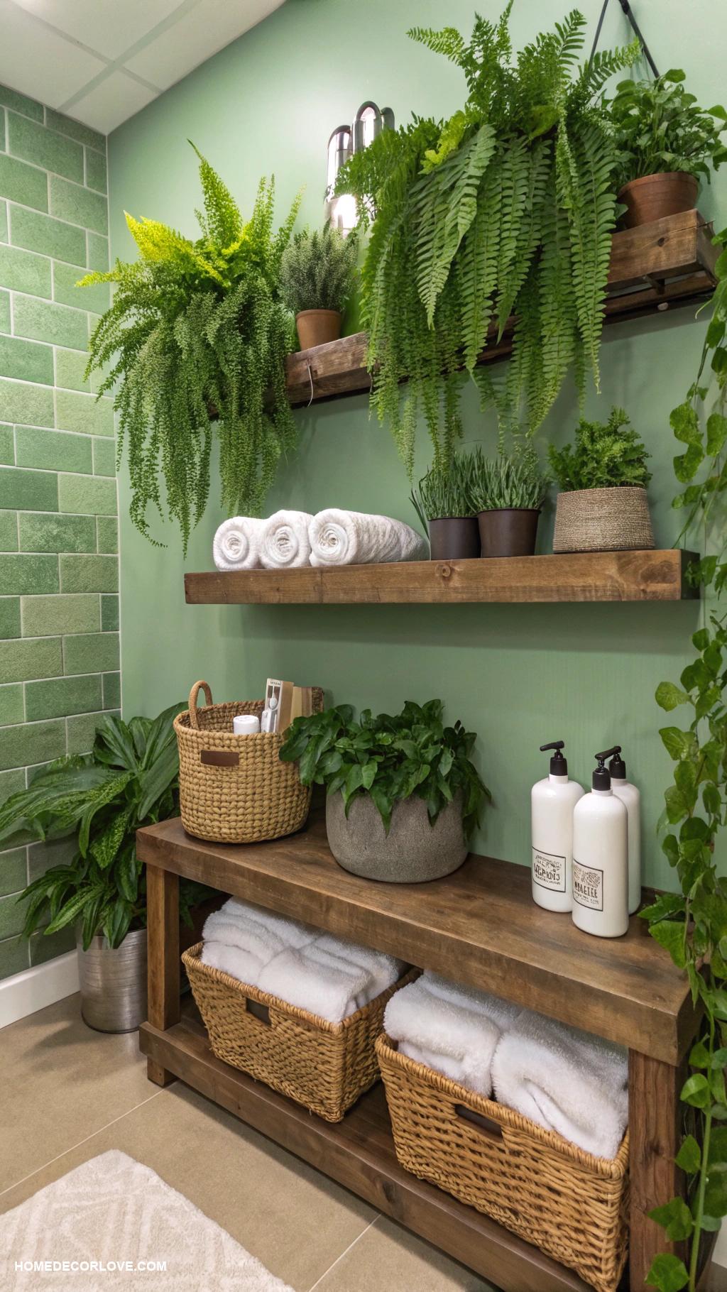 green bathroom Plant shelves for greenery and storage