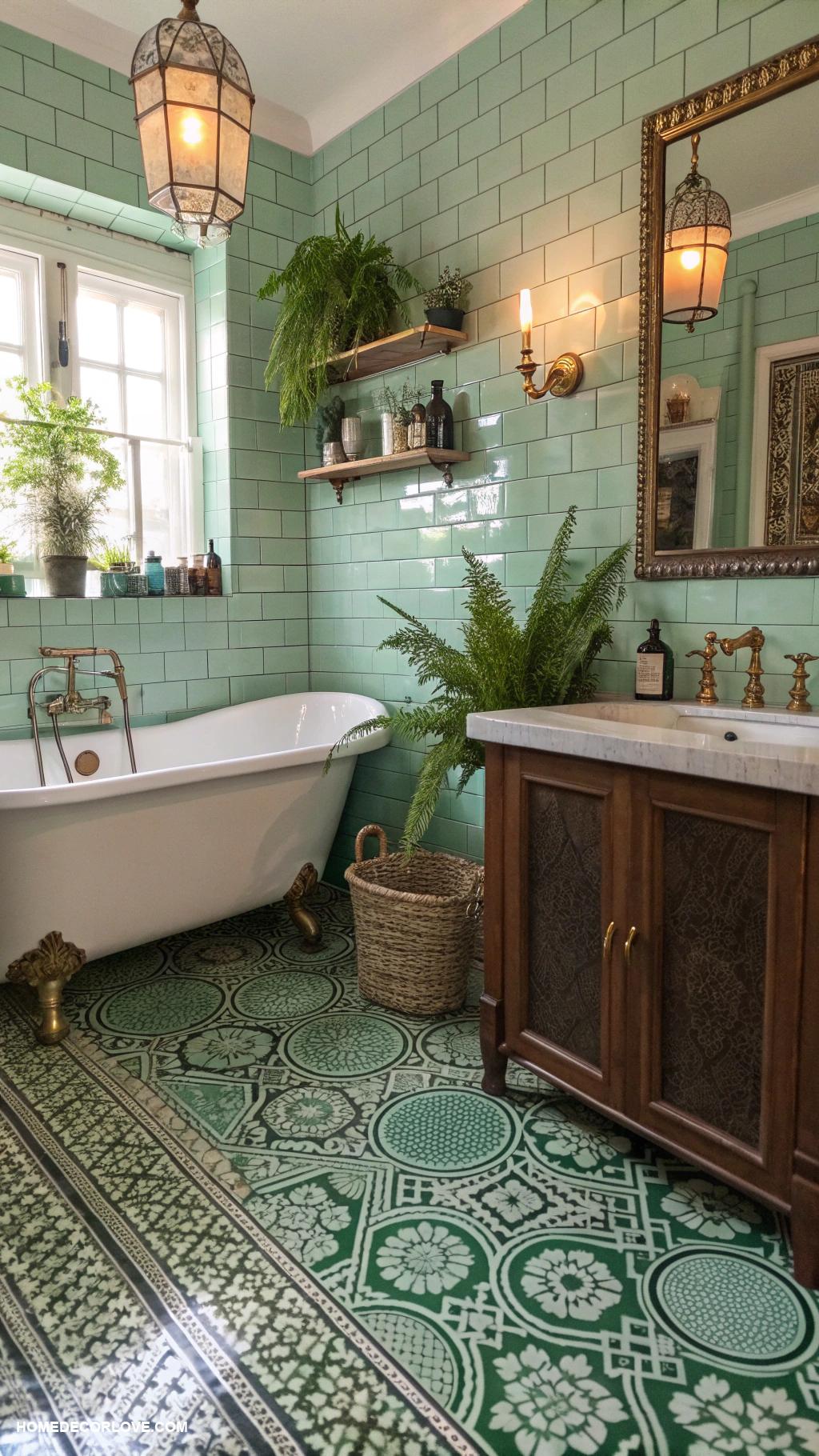 green bathroom Vintage green tiles for retro look