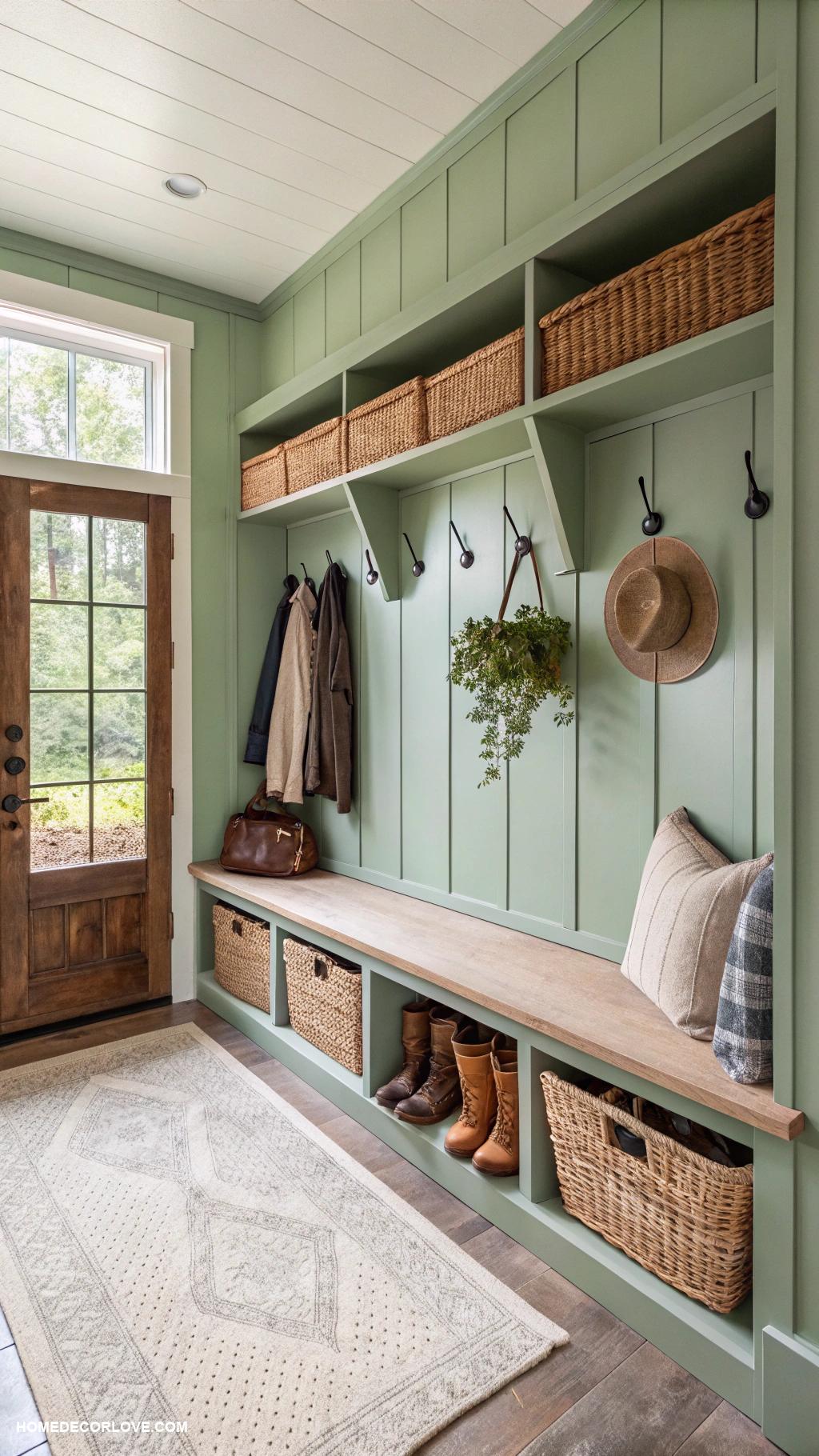 green mudroom ideas Add wicker baskets for organization